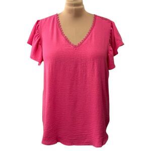PERCH Flutter Sleeve Mesh Back Lace Trim Blouse, NEW Without Tags! Size 2XL